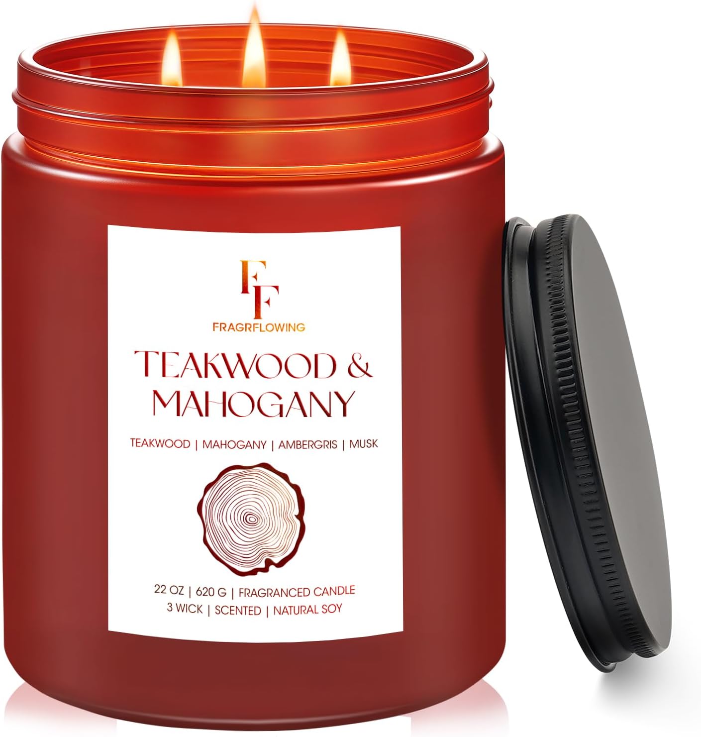 Teakwood & Mahogany Large Scented Candle, 3-Wick 22oz Long Lasting Scented Candle, Natural Soy Wax