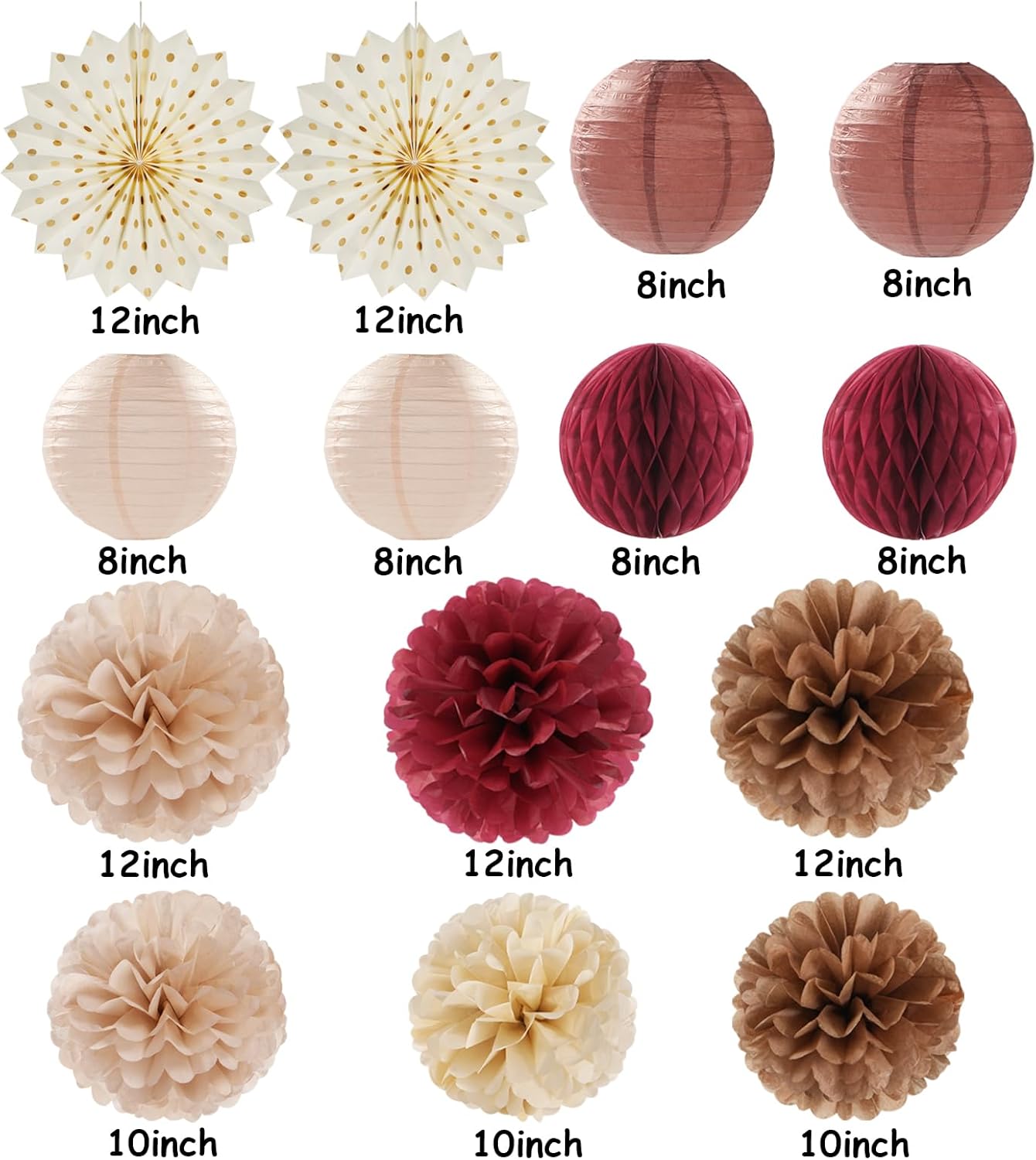 Brown Burgundy Champagne Boho Party-Decorations - 14pcs Rustic Wedding Paper Lanterns Fan,Tissue