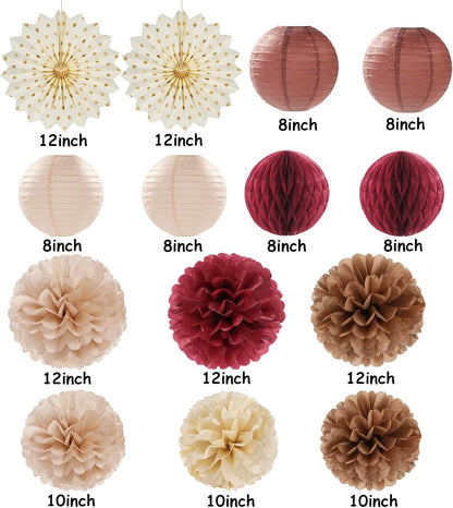 Brown Burgundy Champagne Boho Party-Decorations - 14pcs Rustic Wedding Paper Lanterns Fan,Tissue