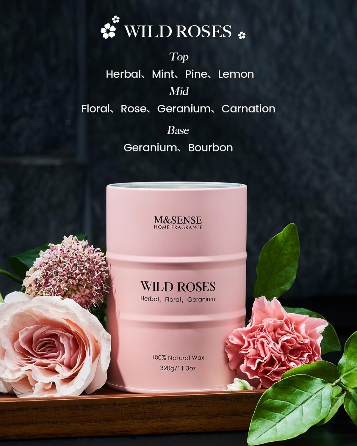 M&SENSE Wild Rose Natural Scented Candle, 70 Hours Long Lasting Soy Candles 11.3oz, Stress Relief