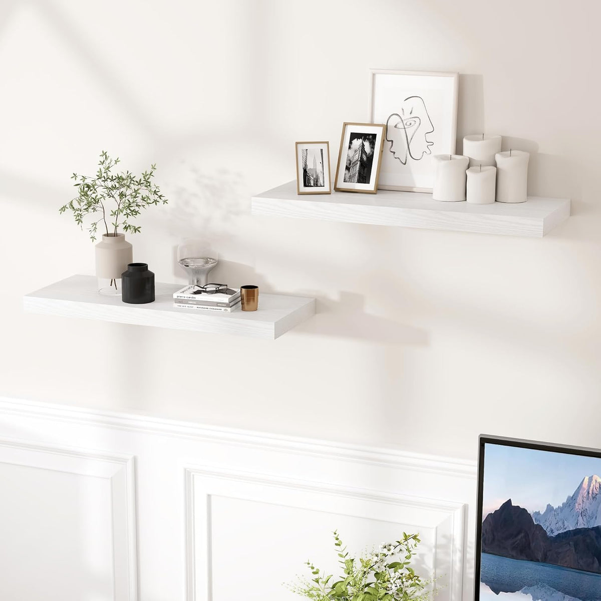 24 Inch Floating Shelves, Rustic 24 x 9 White Floating Shelf for Wall, White Bathroom Shelves Set