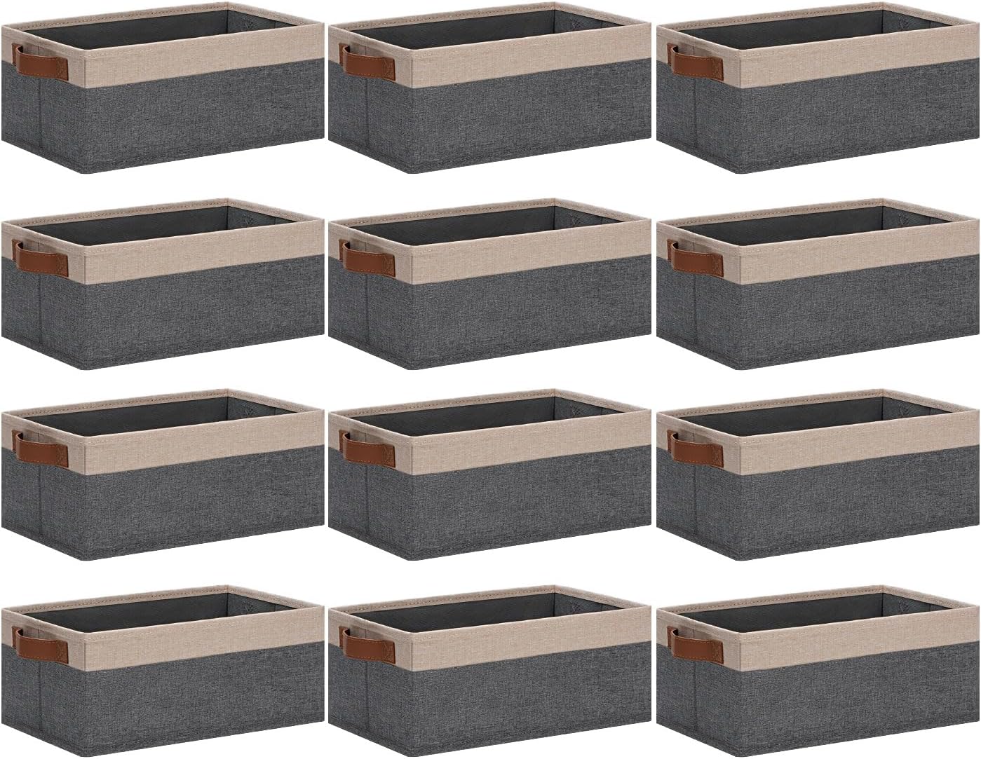 GhvyenntteS Small Fabric Storage Bins 12 Pack, 11.8" x 7.87" x 5.11" Storage Basket with Leather