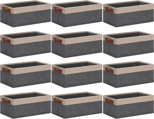 GhvyenntteS Small Fabric Storage Bins 12 Pack, 11.8" x 7.87" x 5.11" Storage Basket with Leather