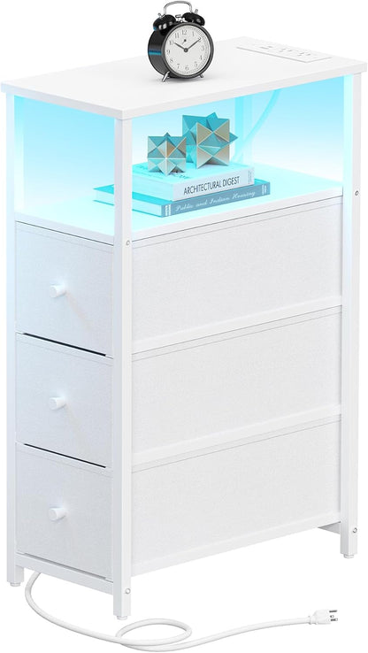 TUTOTAK Narrow LED Night Stand with Charging Station, Slim End Table with Plugins, Tall Side Table