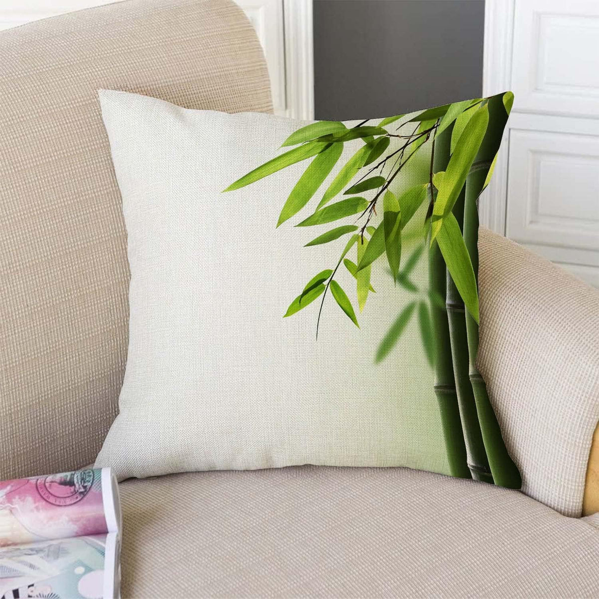 TSSOHU Green Bamboo Farmhouse Pillow Cover Cotton Linen Decorative Square Throw Pillow Cover 18x18