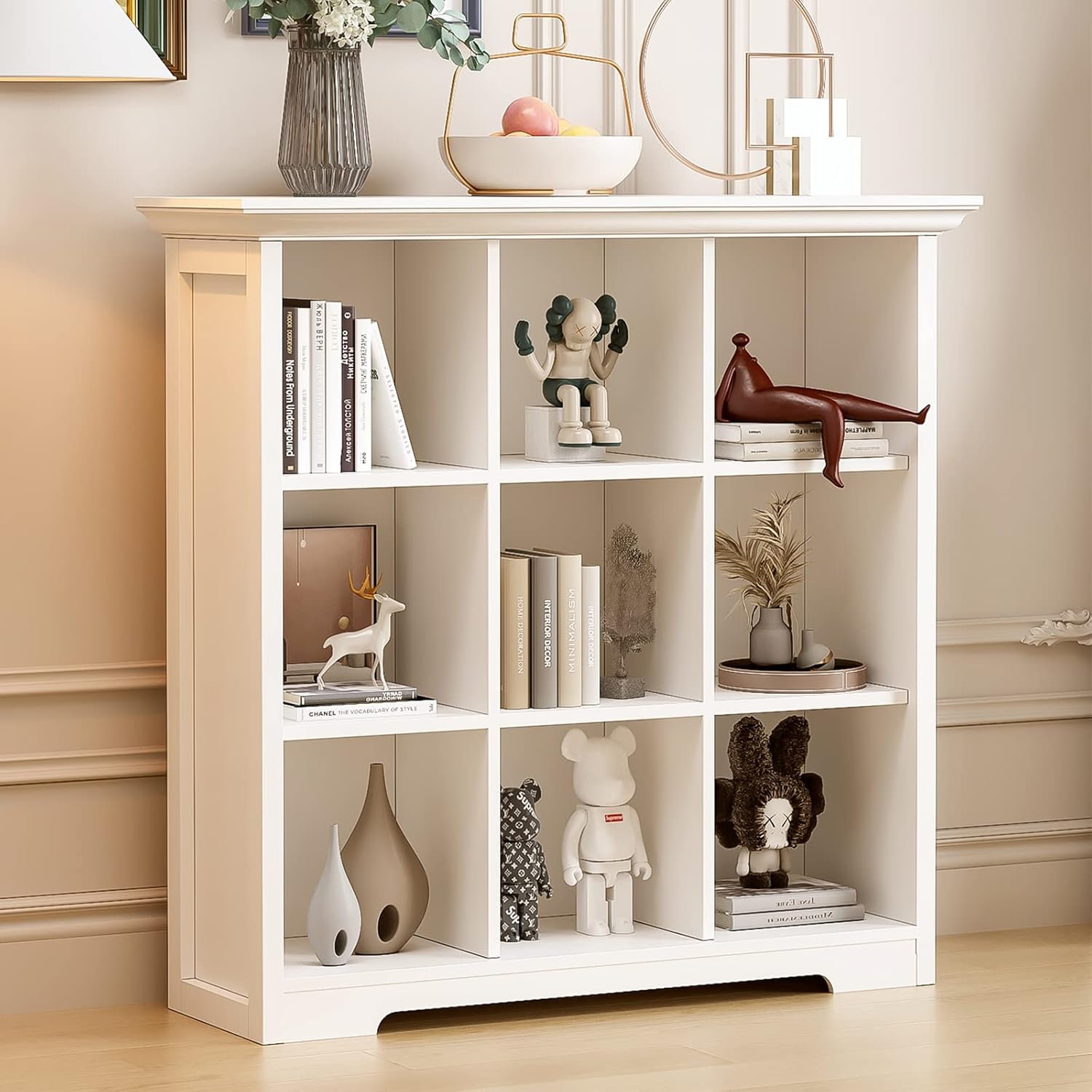 Wooden Cube Shelf Bookcase - Modern 3 Tiers Floorstanding Open Bookshelf with Base for Home and
