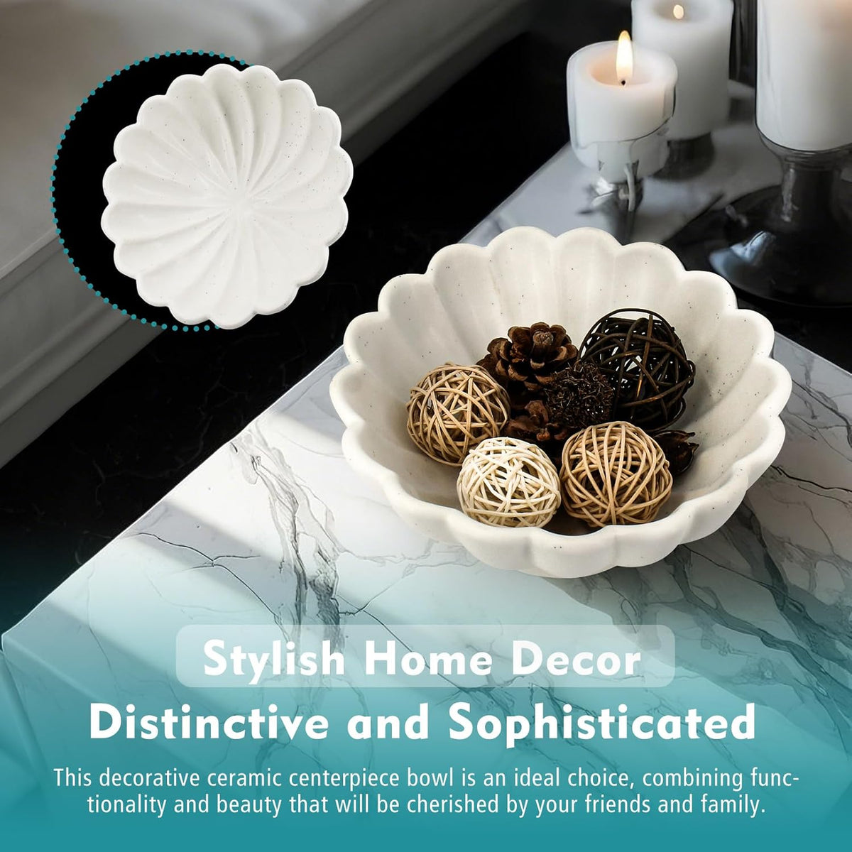 Accessoryway 8" White Fluted Scalloped Decorative Bowls -Moderate Ceramic Fruit Bowl for Kitchen
