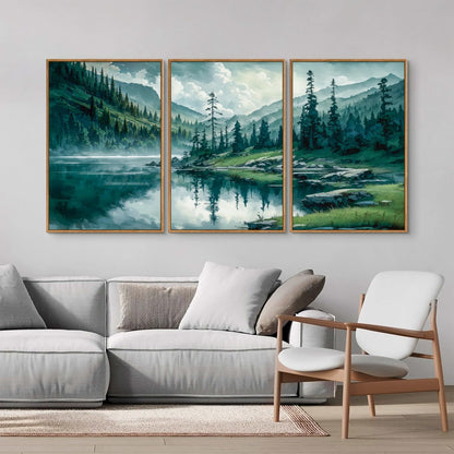 Tinonedraw Large Nature Forest Framed Canvas Wall Art Set, Boho Mountains Calming Lake Wall Decor