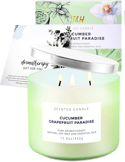 Cucumber Grapefruit Paradise 3-Wick Scented Candle | Large Soy Candle for Home 15.8 oz | Fresh