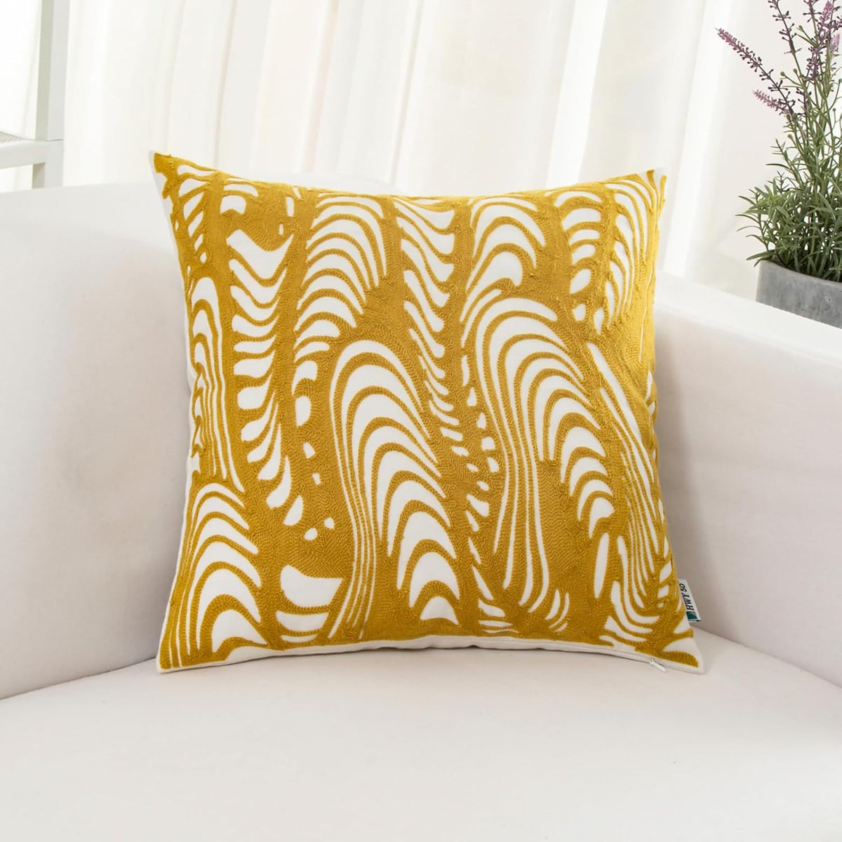 HWY 50 Yellow Decorative Throw Pillow Covers 18x18 Inch (1 Piece), Embroidered Cotton Farmhouse