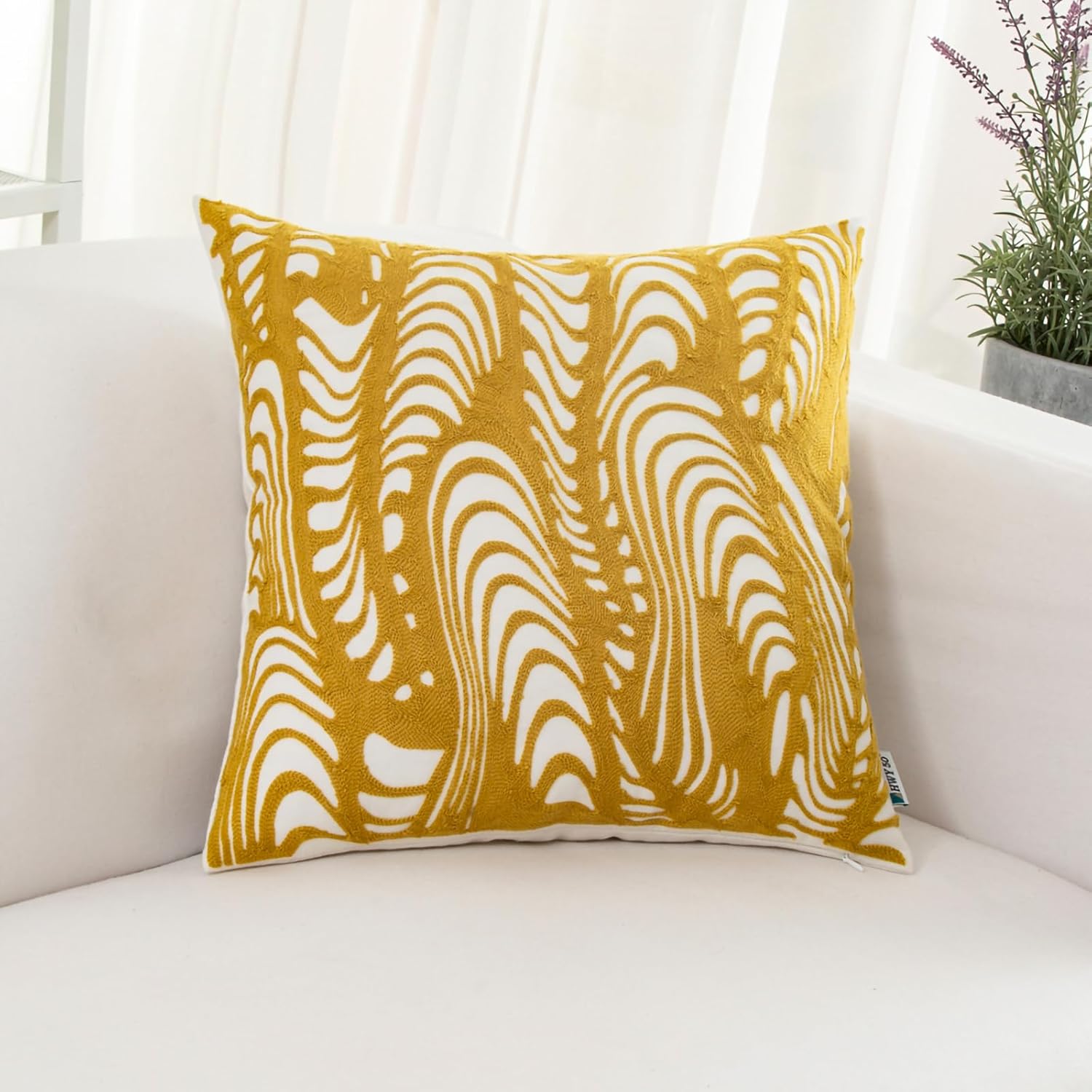 HWY 50 Yellow Decorative Throw Pillow Covers 18x18 Inch (1 Piece), Embroidered Cotton Farmhouse