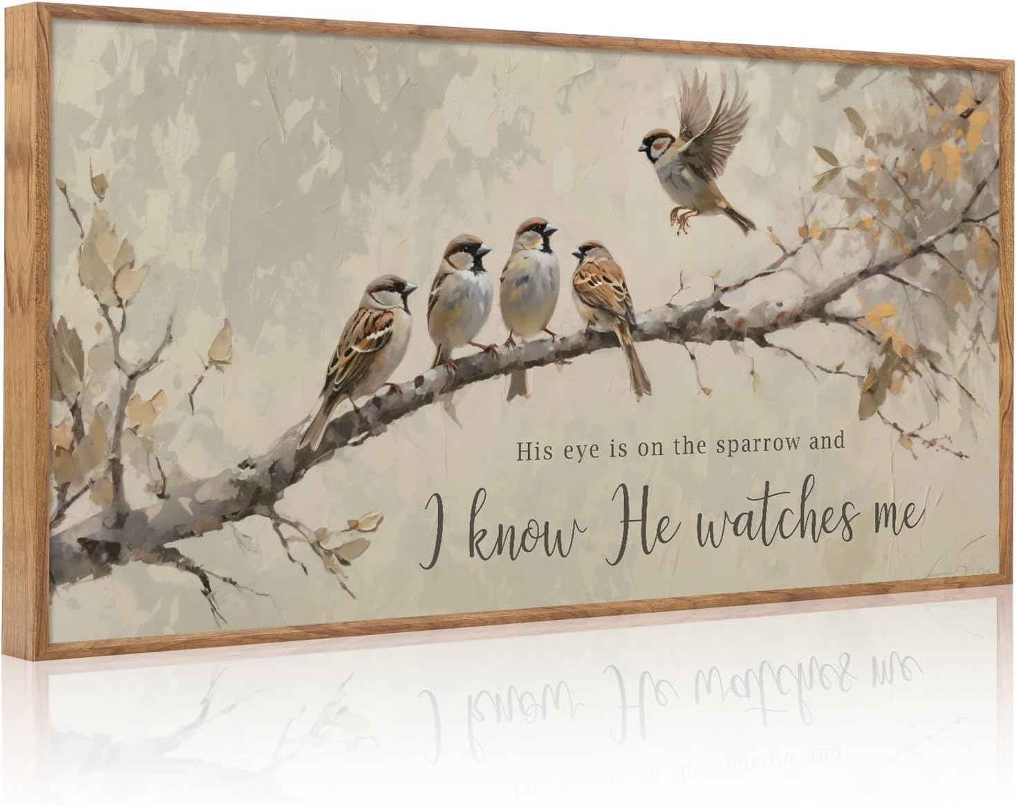 Aurlan His Eye is on the Sparrow Christian Wall Art Framed(40"x20"), Vintage Neutral Birds on Tree