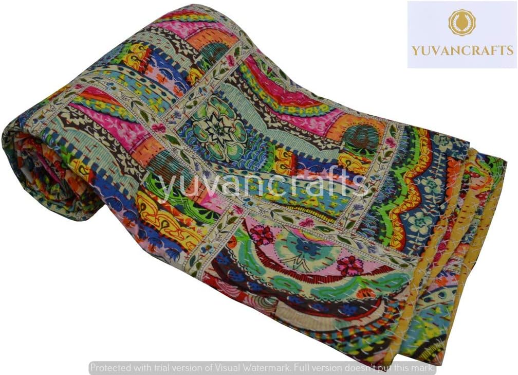 YUVANCRAFTS Patchwork Cotton Kantha Quilt - Indian Traditional Handmade Bedding Vintage Multi Color