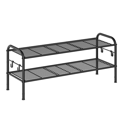 SONGMICS Shoe Rack, 2-Tier Shoe Organizer, Metal Shoe Shelf Storage with 4 Side Hooks, Holds 12