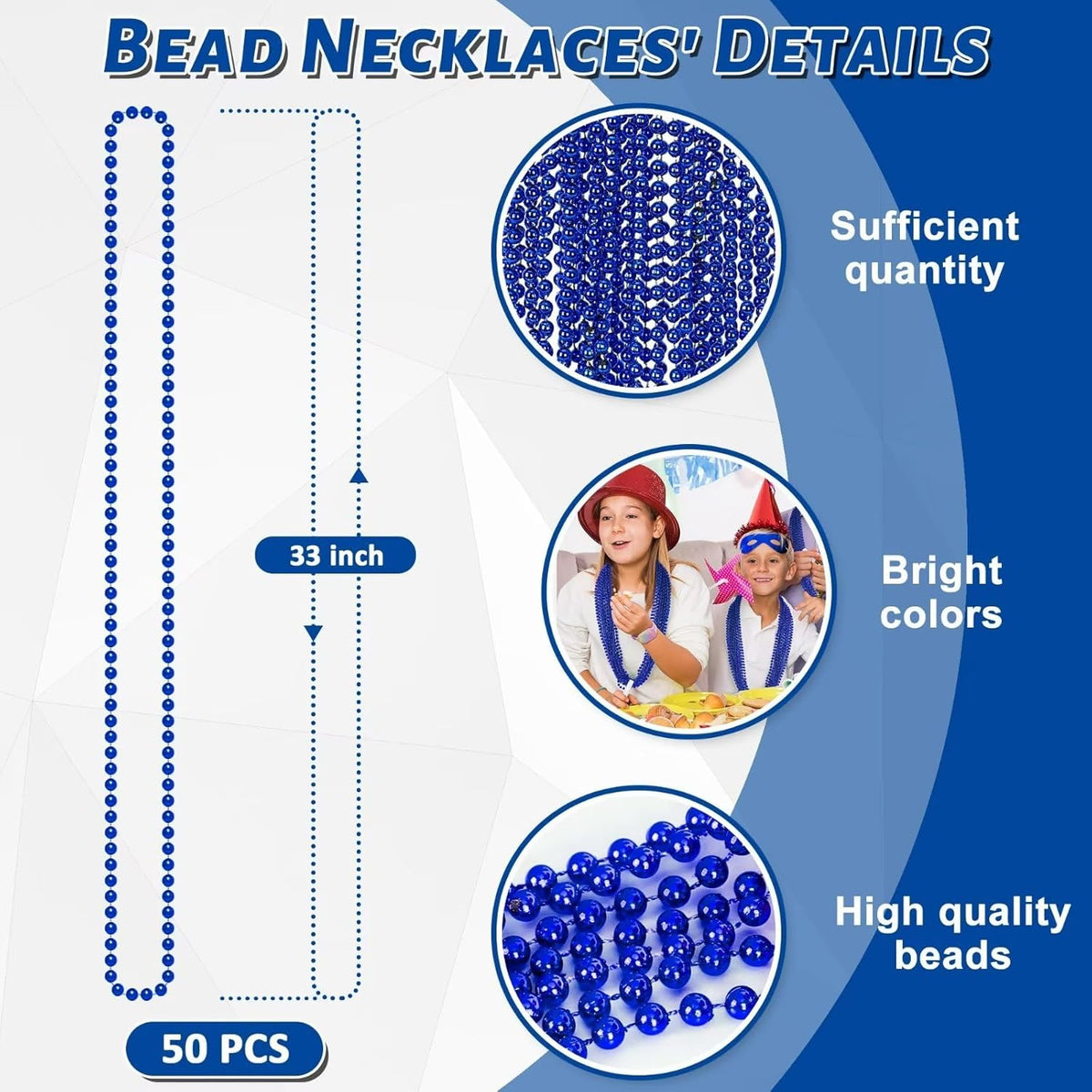 50PCS Christmas Bead Necklace, Blue Bead Necklaces Stuff, 33" Mardi Gras Beads Necklace Costume