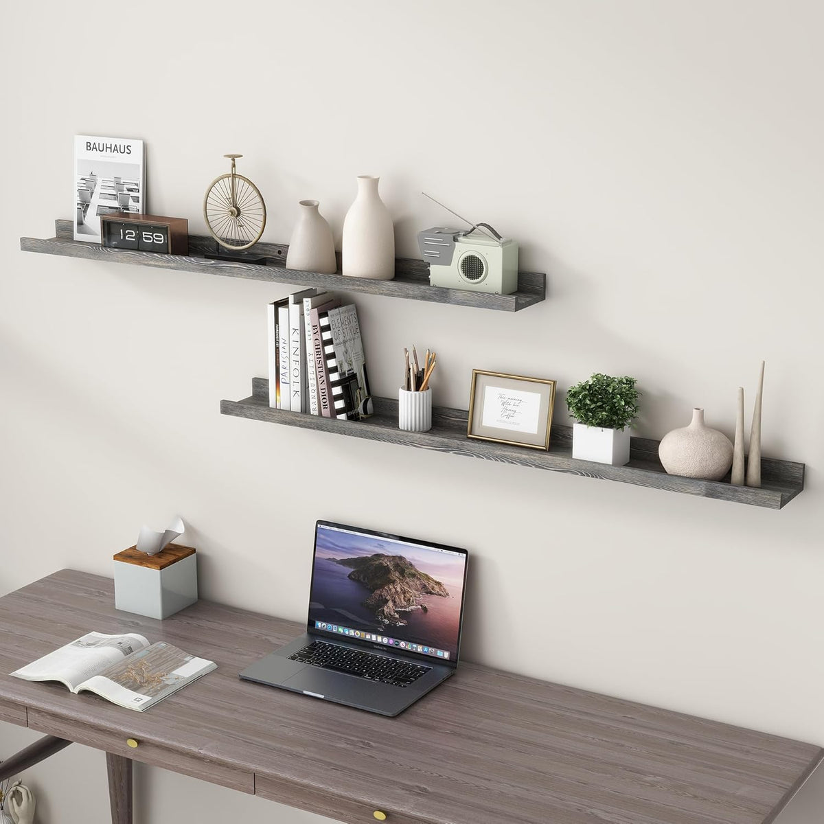 48 Inch Long Floating Shelves for Wall, Solid Pine Wood Picture Ledge Shelves with Lips, Nursery