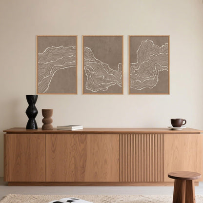 Geometric White Tan Wave Framed Canvas Wall Art Set, Abstract Line Art Painting, Modern Minimalism