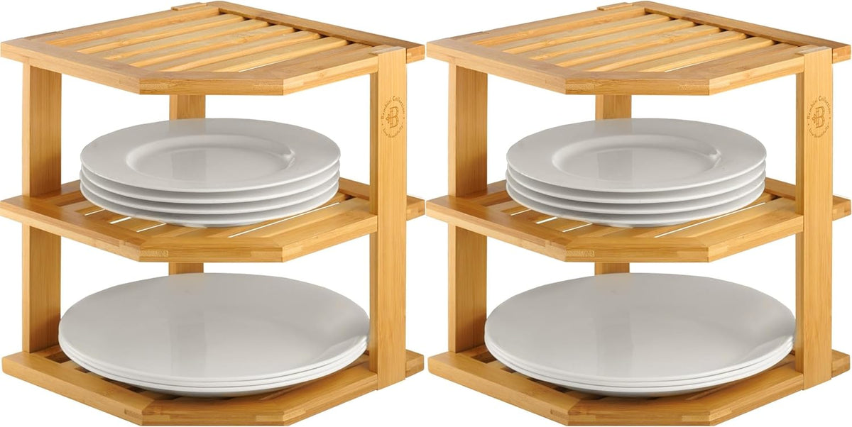 2-Pack Plate Organizer for Cabinet - Bamboo Corner Shelf for Kitchen or Bathroom Storage
