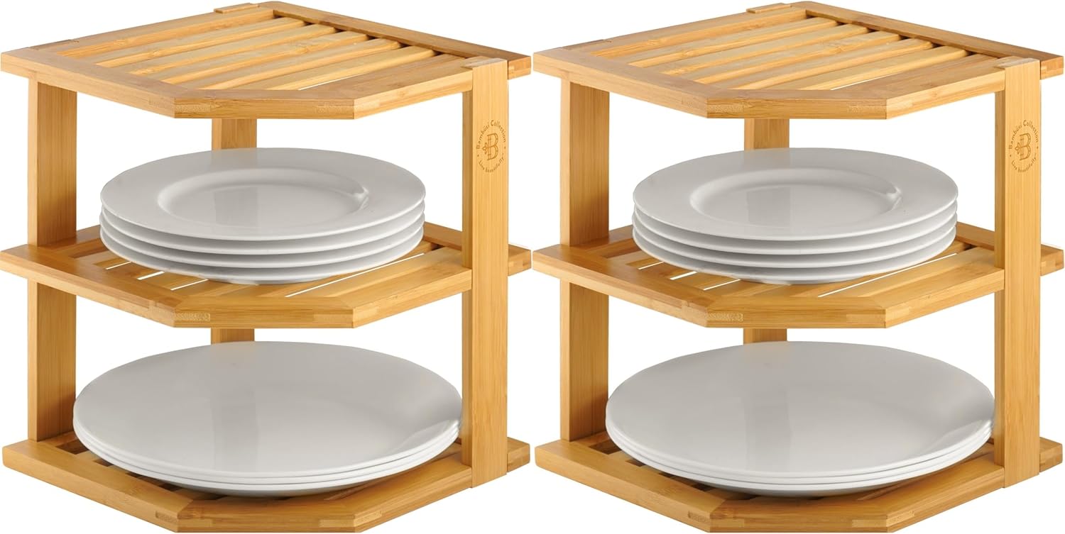 2-Pack Plate Organizer for Cabinet - Bamboo Corner Shelf for Kitchen or Bathroom Storage