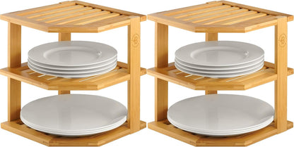 2-Pack Plate Organizer for Cabinet - Bamboo Corner Shelf for Kitchen or Bathroom Storage