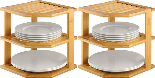 2-Pack Plate Organizer for Cabinet - Bamboo Corner Shelf for Kitchen or Bathroom Storage