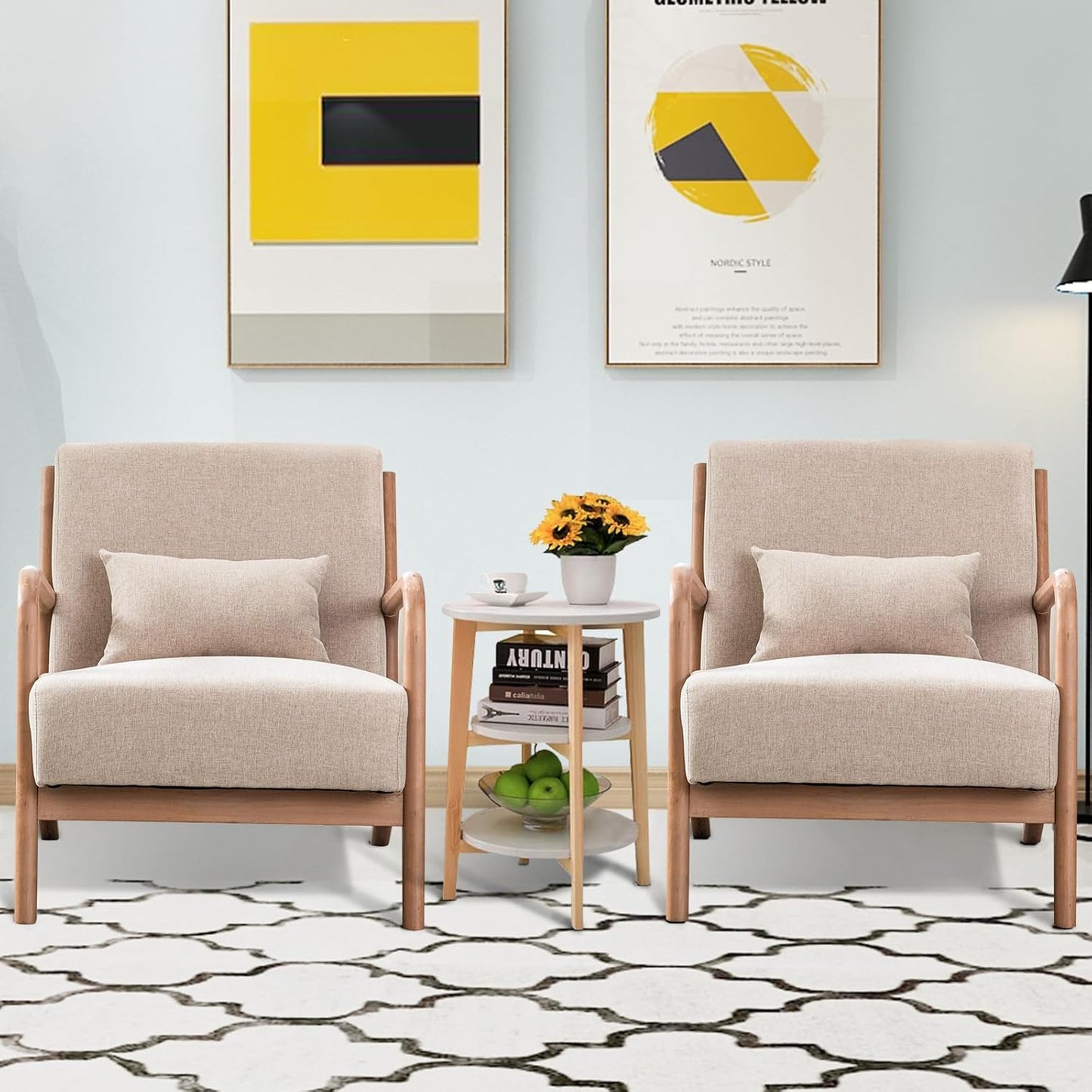 INZOY Mid Century Modern Accent Chair with Wood Frame, Upholstered Living Room Chairs with Waist