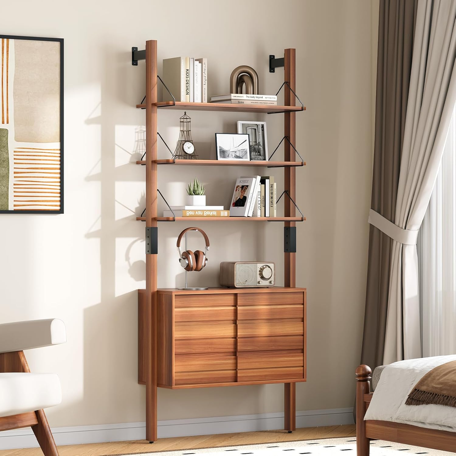 Ladder Bookshelf with Storage Cabinet, Mid Century Modern Wall Mounted Bookcase with Wood and Metal