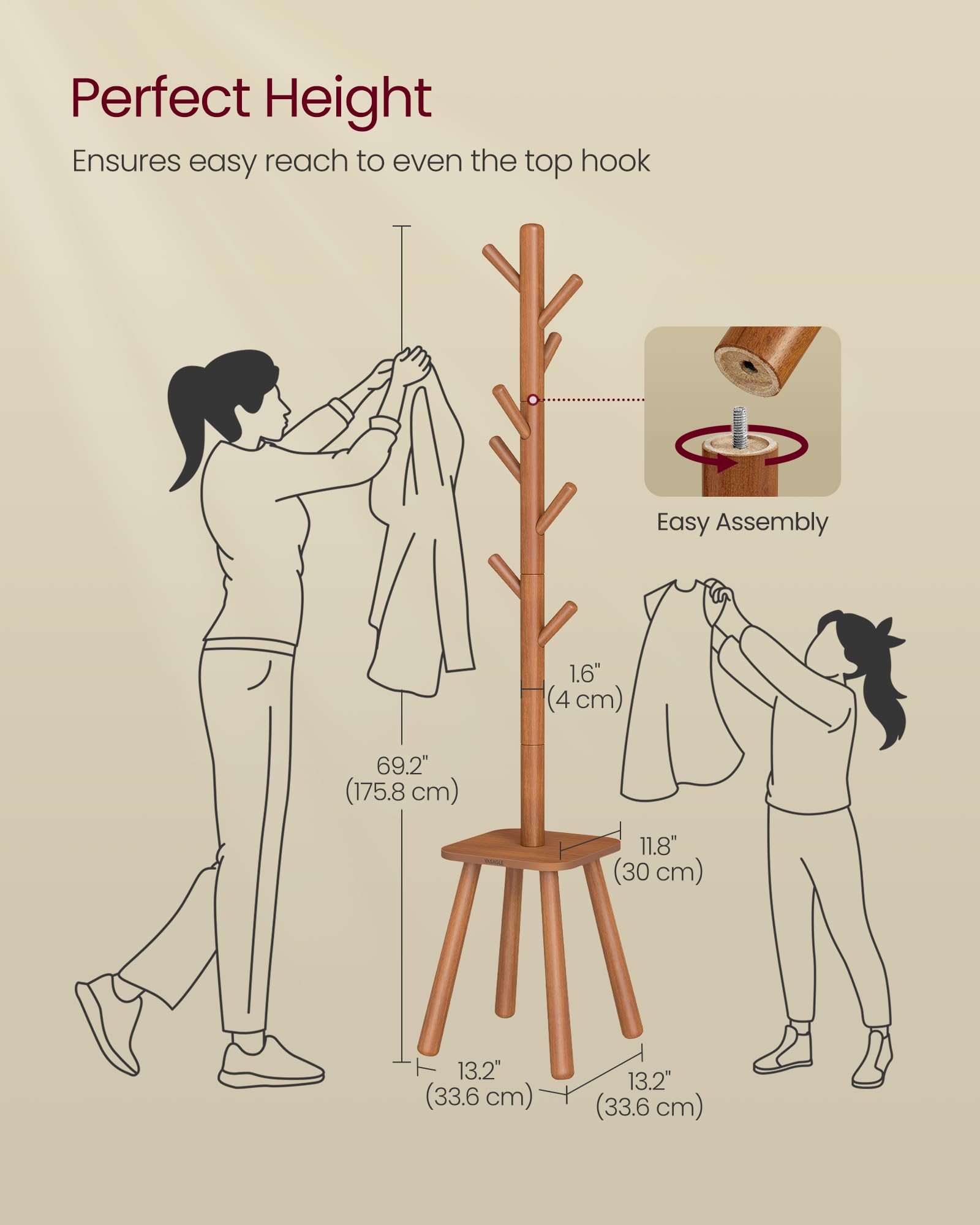 VASAGLE Coat Rack, Free Standing Coat Stand, Hall Coat Tree with 8 Hooks and Storage Shelf, 69.2