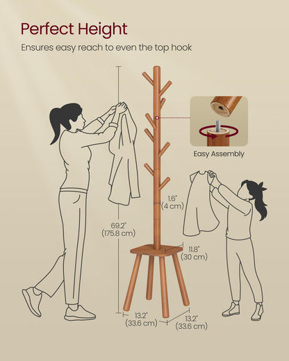 VASAGLE Coat Rack, Free Standing Coat Stand, Hall Coat Tree with 8 Hooks and Storage Shelf, 69.2