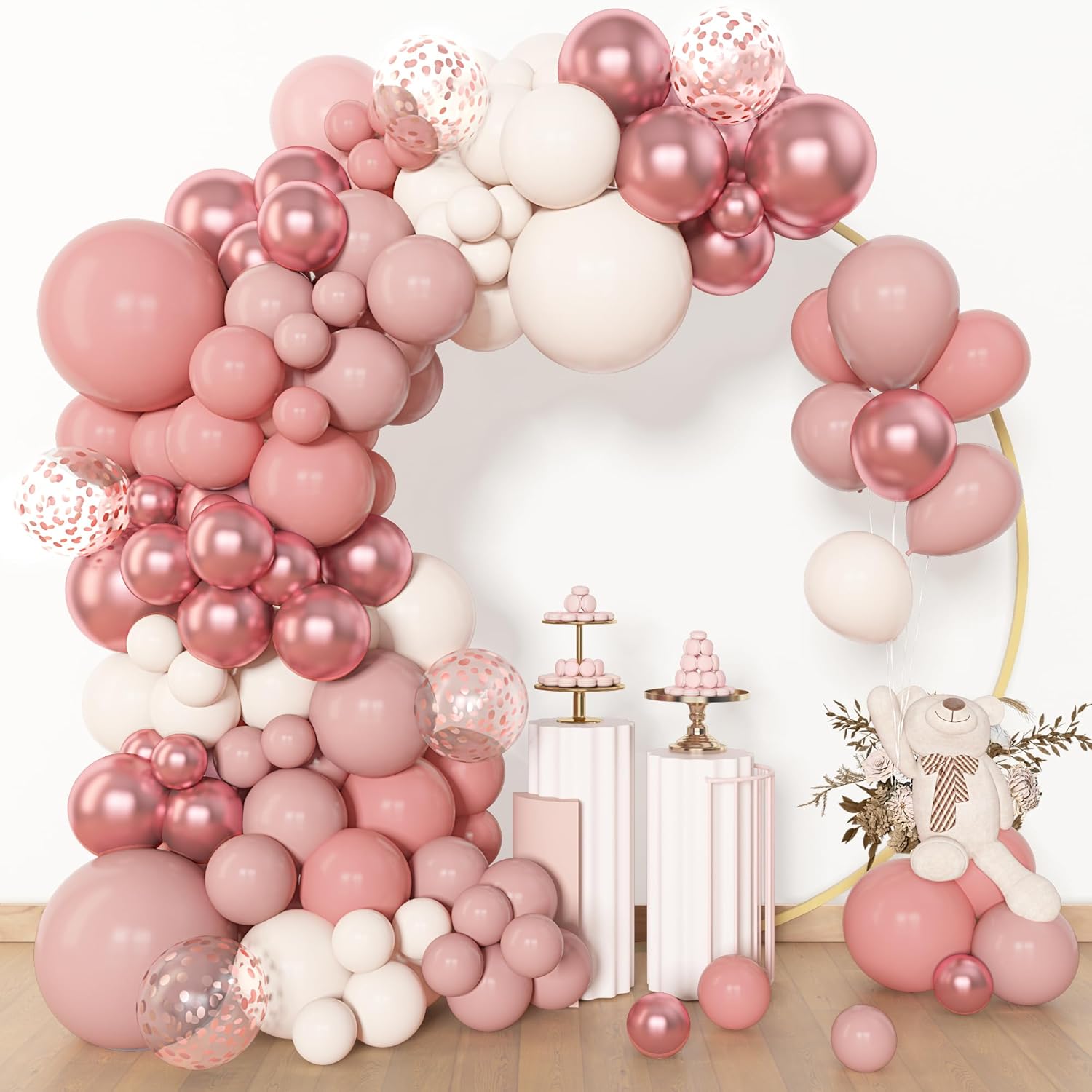Amandir 153pcs Dusty Pink Balloon Garland Arch Kit, Different Sizes 18 12 10 5 inch Pink White Sand