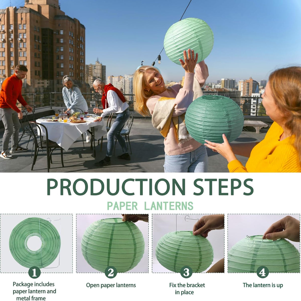 Paper Lanterns Decorative, Round Paper Lanterns Decorations Sage Green/Forest Green/Gold/White for