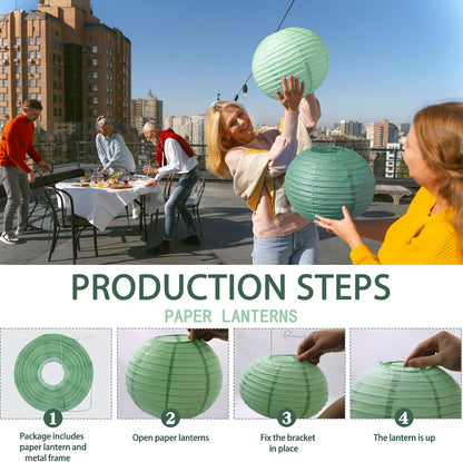 Paper Lanterns Decorative, Round Paper Lanterns Decorations Sage Green/Forest Green/Gold/White for