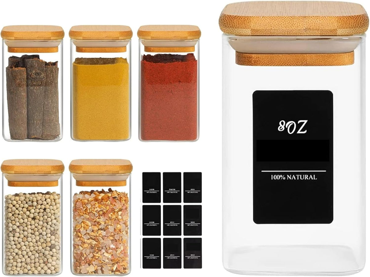 ComSaf 6Pcs 8oz Spice Jars with Label Trial Set, Glass Spice Jars with Bamboo Lids Supplementary