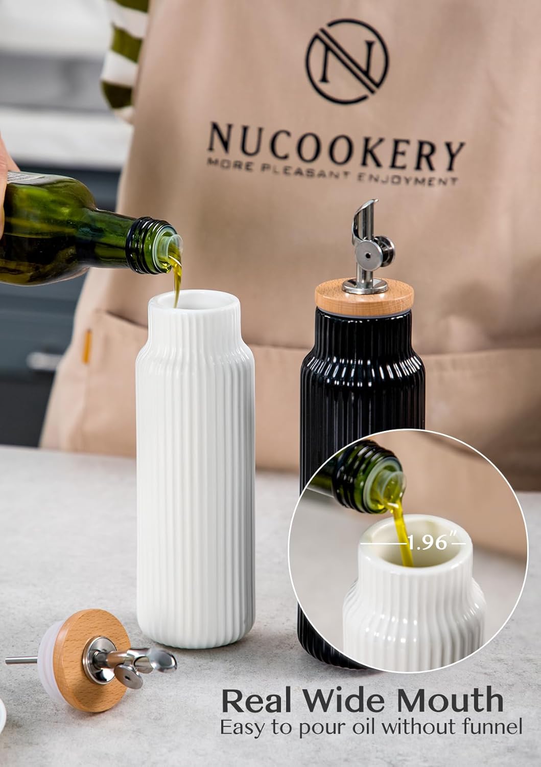 Nucookery Ceramic Olive Oil Dispenser Bottle for Kitchen, 14 oz Opaque Vinegar Dispenser Bottle