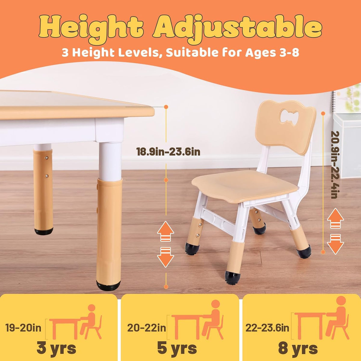 FUNLIO Kids Table and 4 Chairs Set for Ages 3-8, Height Adjustable Toddler Table and Chair Set