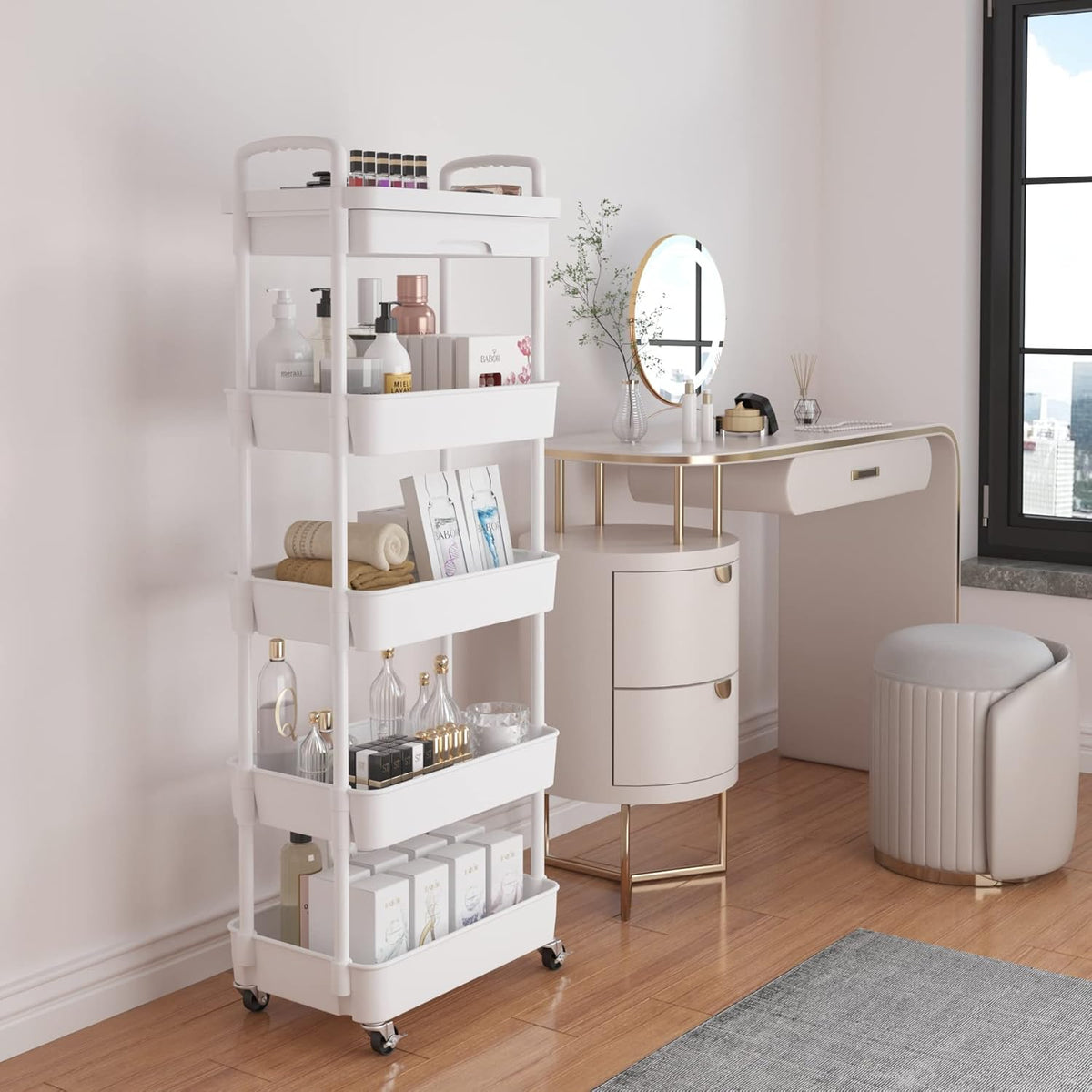 Calmootey 5-Tier Rolling Utility Cart with Drawer,Multifunctional Storage Organizer with Plastic