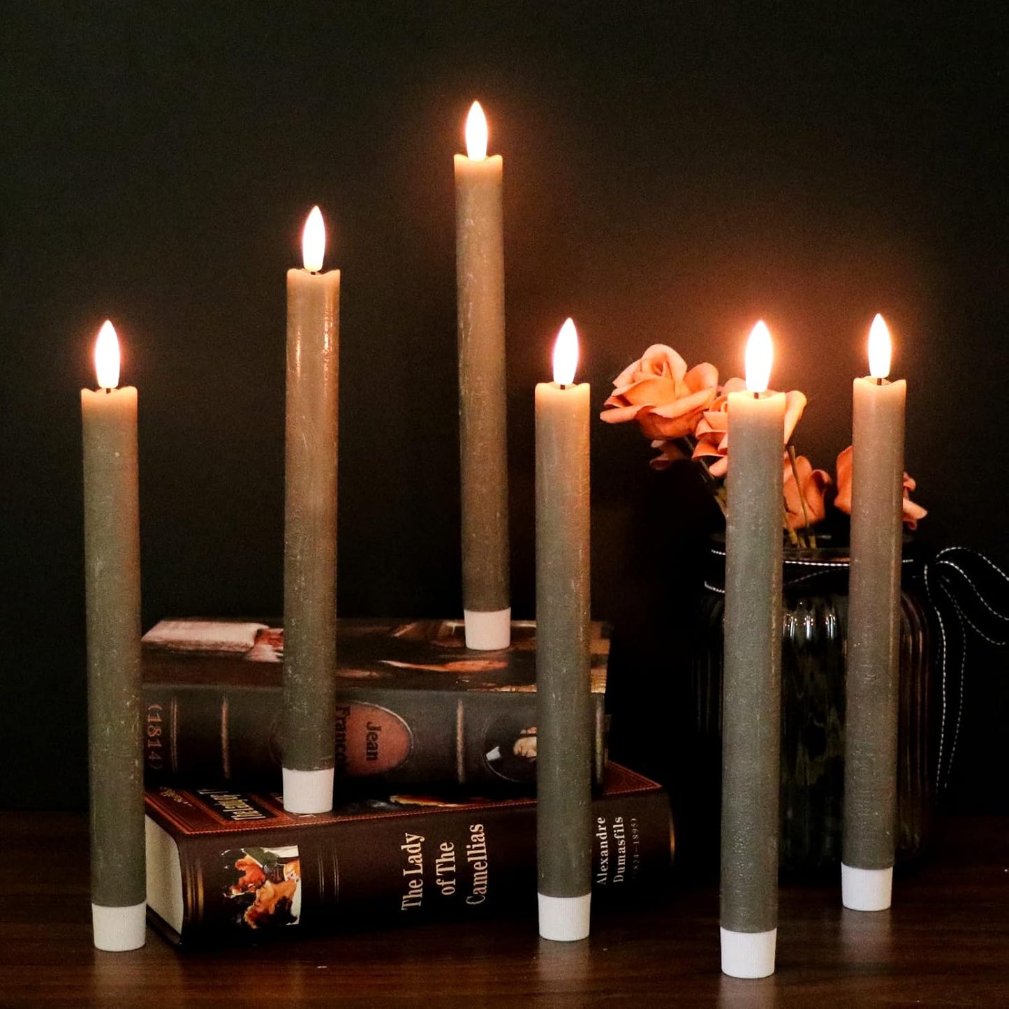 GenSwin Flameless Grey Taper Candles Flickering with 10-Key Remote, Battery Operated Led Warm 3D