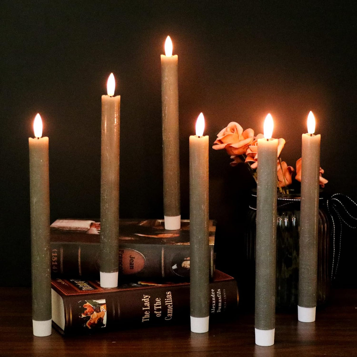 GenSwin Flameless Grey Taper Candles Flickering with 10-Key Remote, Battery Operated Led Warm 3D