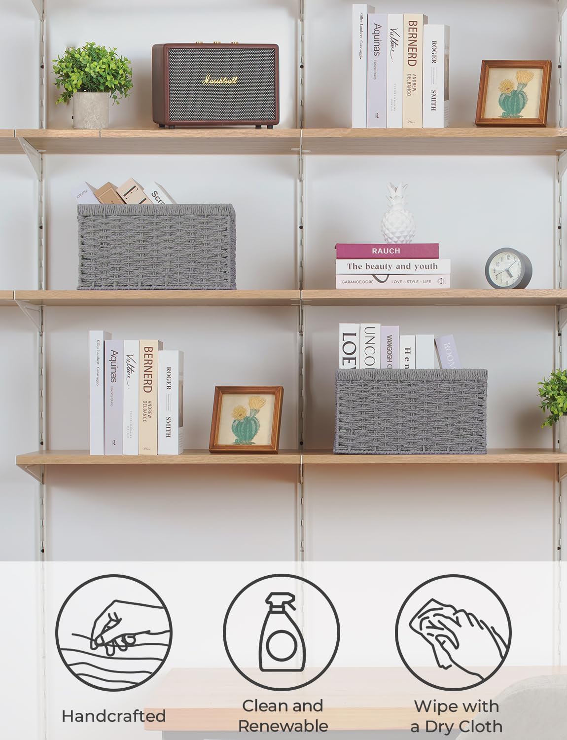 StorageWorks Round Paper Rope Storage Baskets, Rectangular Wicker Baskets with Built-in Handles