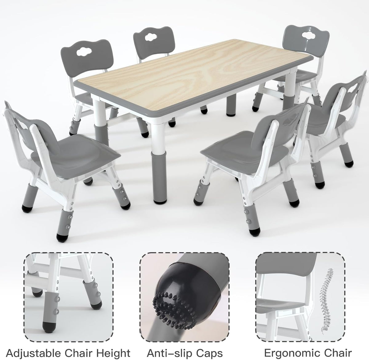 Kids Study Table and 6 Chairs Set,Height Adjustable Table and Chairs for Children and