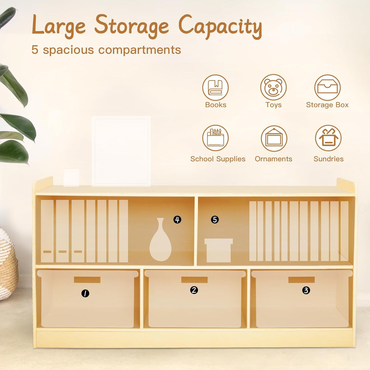Montessori Shelf, Wooden Toy Storage Organizer for Books Toys, 2 Shelf Bookcase, 5-Section Storage