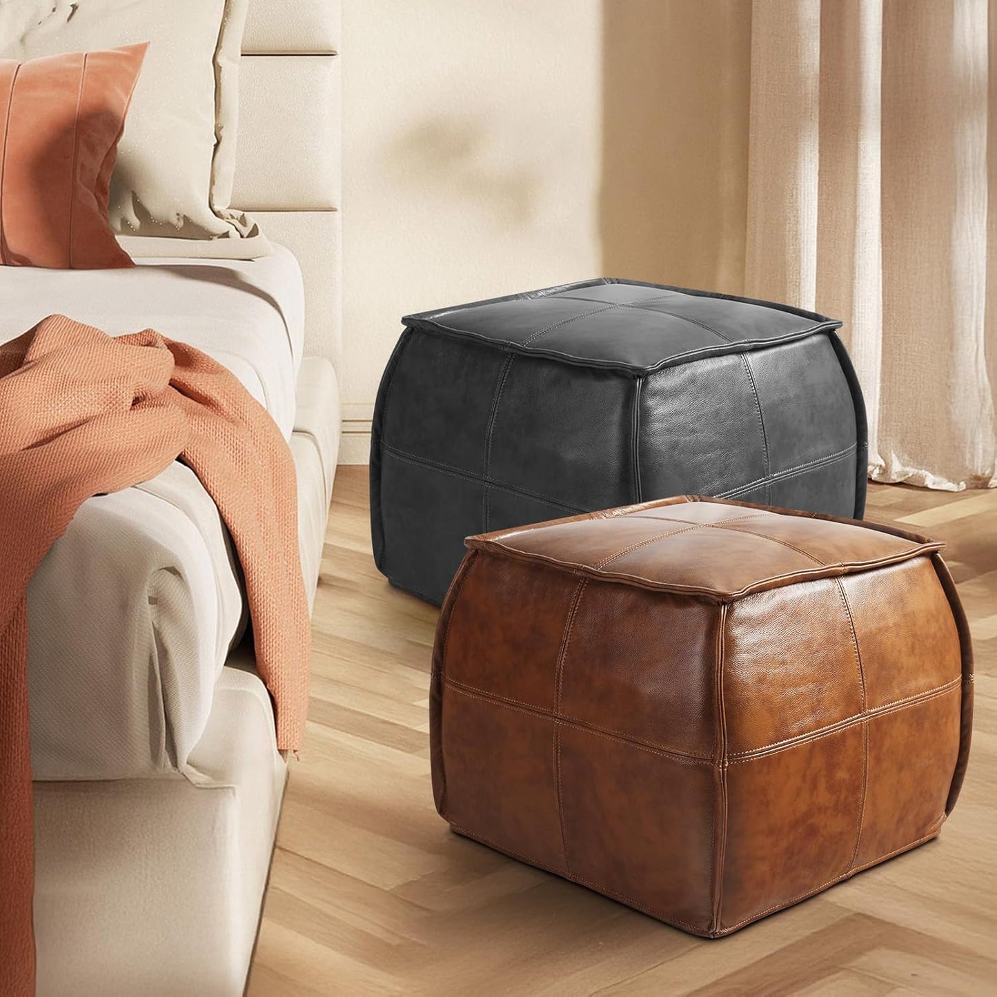 Leather Ottoman,Handmade Stuffed Square Ottoman,Genuine Leather Pouf, Foot Rest Pouf,Comfortable