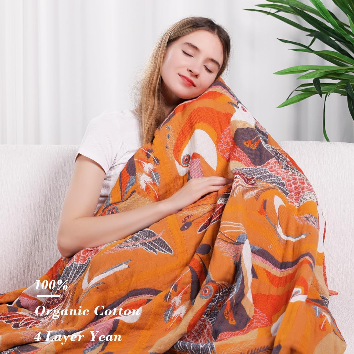 Boho Large Throw Blanket, 100% Organic Muslin Cotton Breathable Soft Bed Throw - Floral Bird