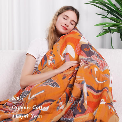 Boho Large Throw Blanket, 100% Organic Muslin Cotton Breathable Soft Bed Throw - Floral Bird