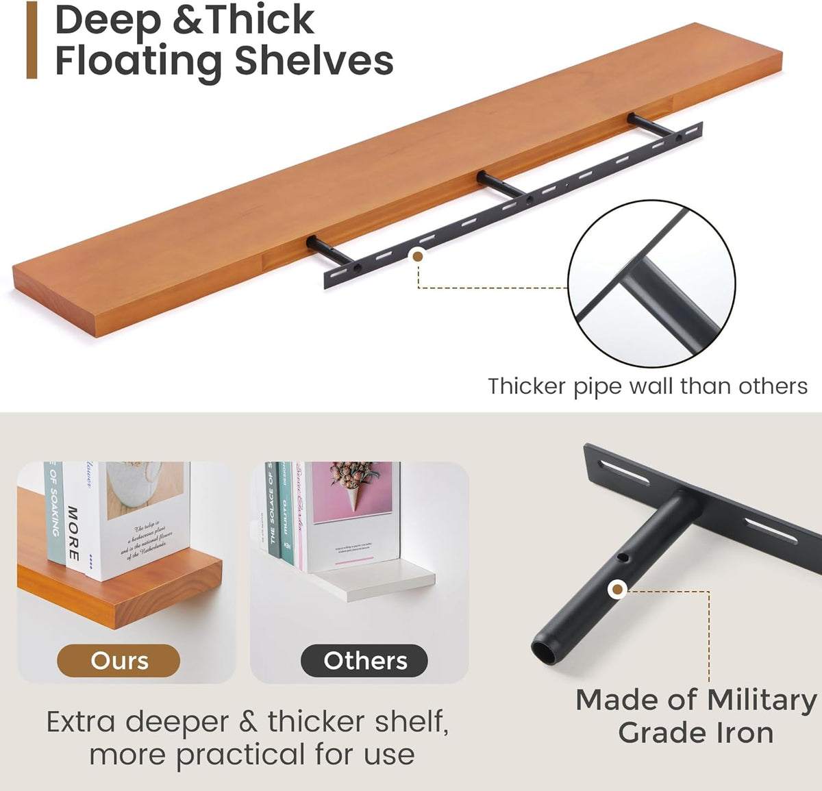 Fun Memories 55 Inches Floating Shelves - 8 Inch Deep Rustic Solid Pine Wood Wall Shelves for