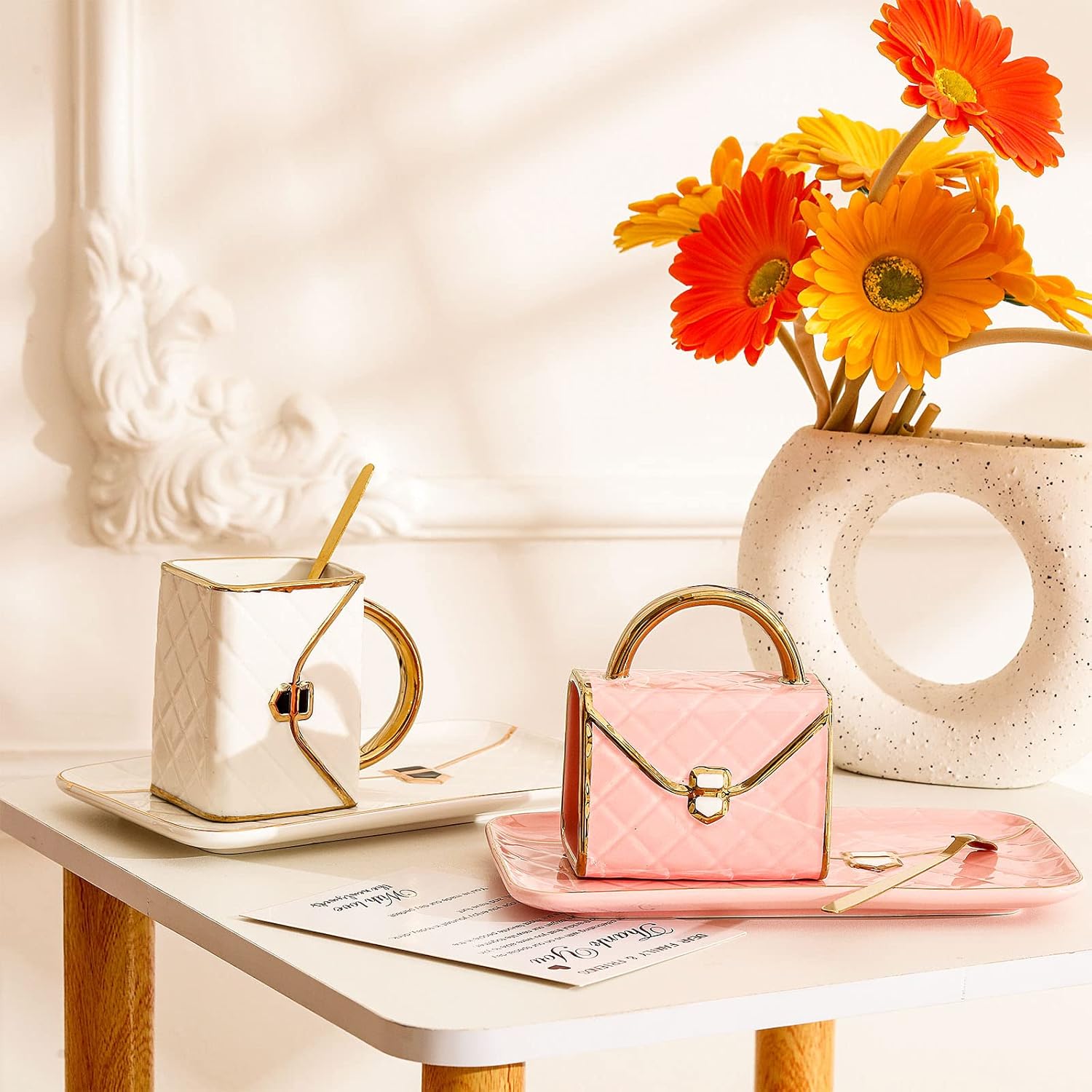 Zubebe 2 Sets Coffee Mug Elegant Handbag Shaped Cup Modern Ceramic Purse Mug with Spoon and Saucer