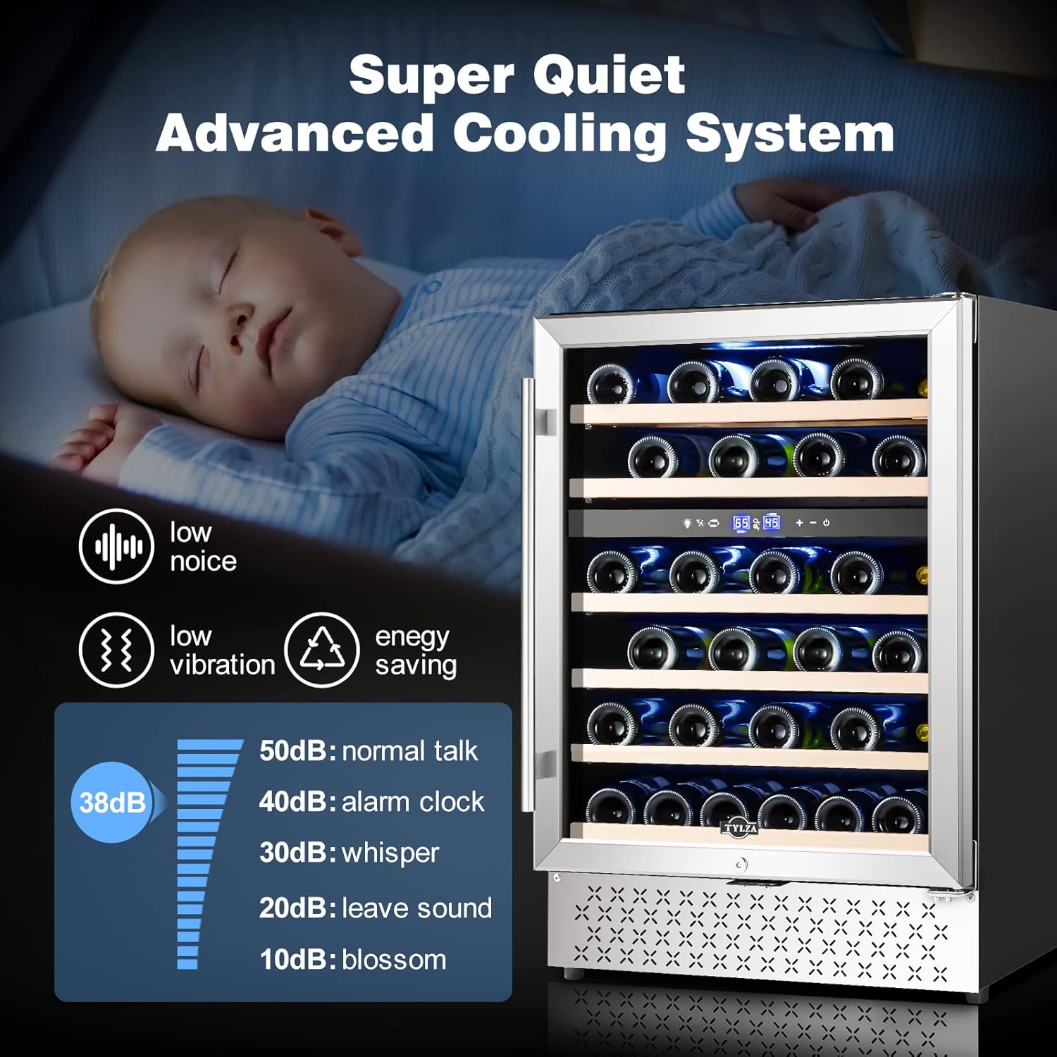 Tylza 24 Inch Dual Zone Wine Cooler Refrigerator, 46 Bottle Built-in or Freestanding, 24'' Wine