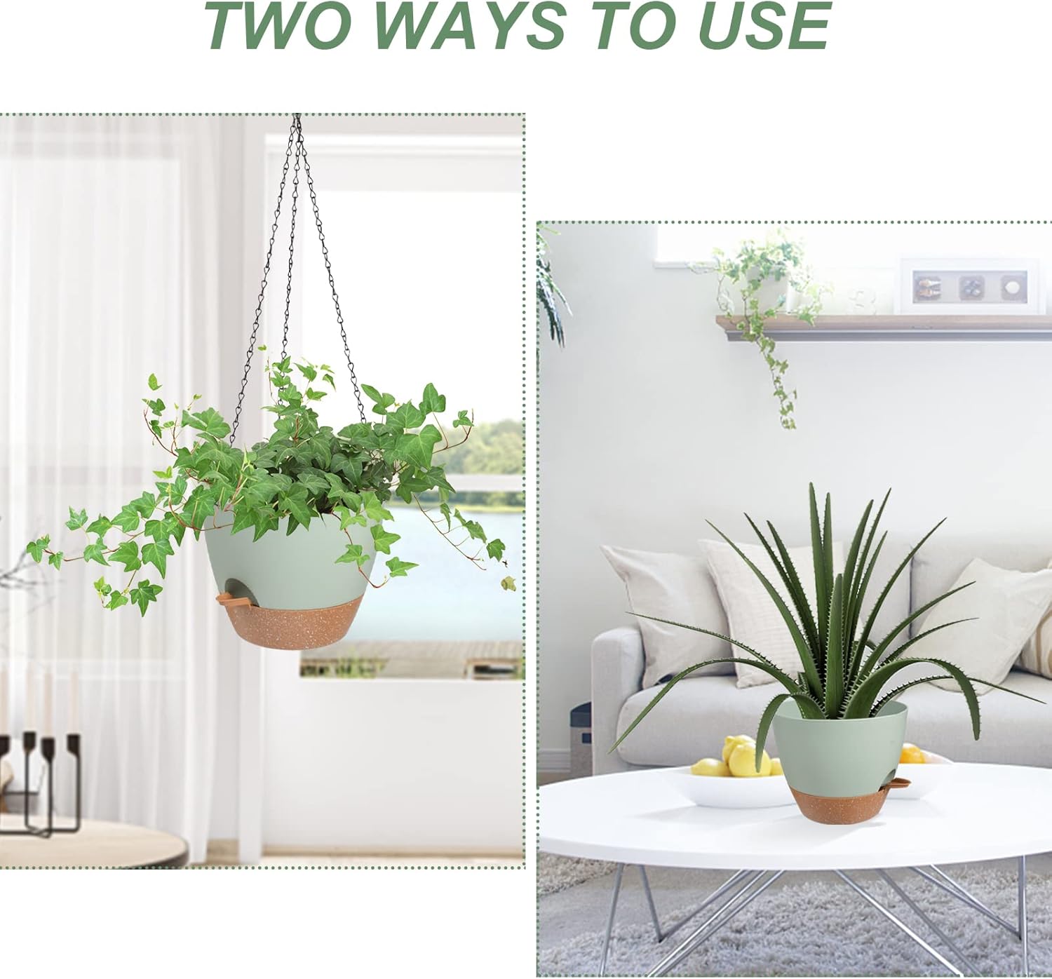 Hanging Planters for Indoor Outdoor Plants, 2 Pack Self Watering Hanging Pot with Drainage Holes &