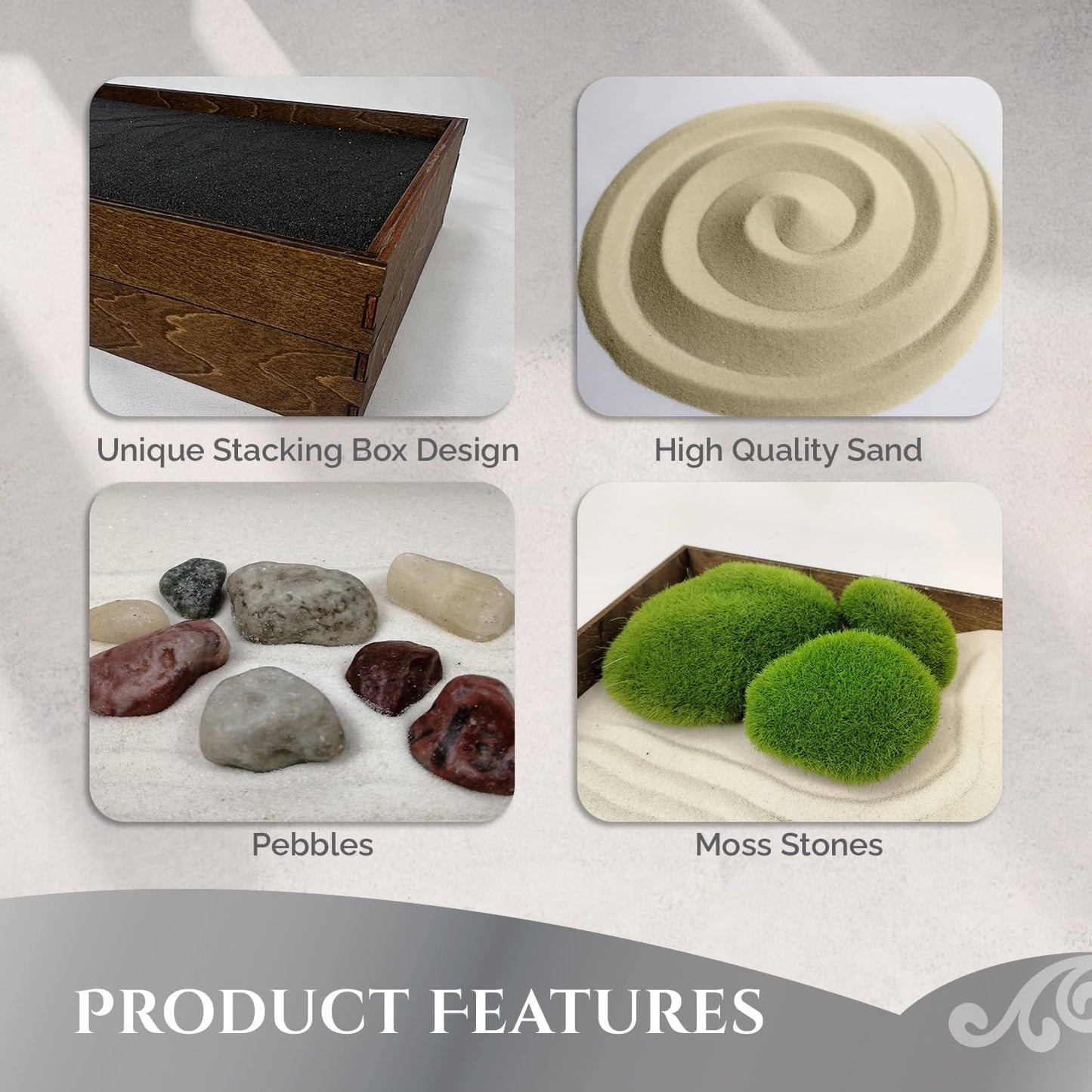 Wooden Stackable Zen Garden | Desert Luxe Sand with Rake & Accessories | Minimalist Decor Gift for