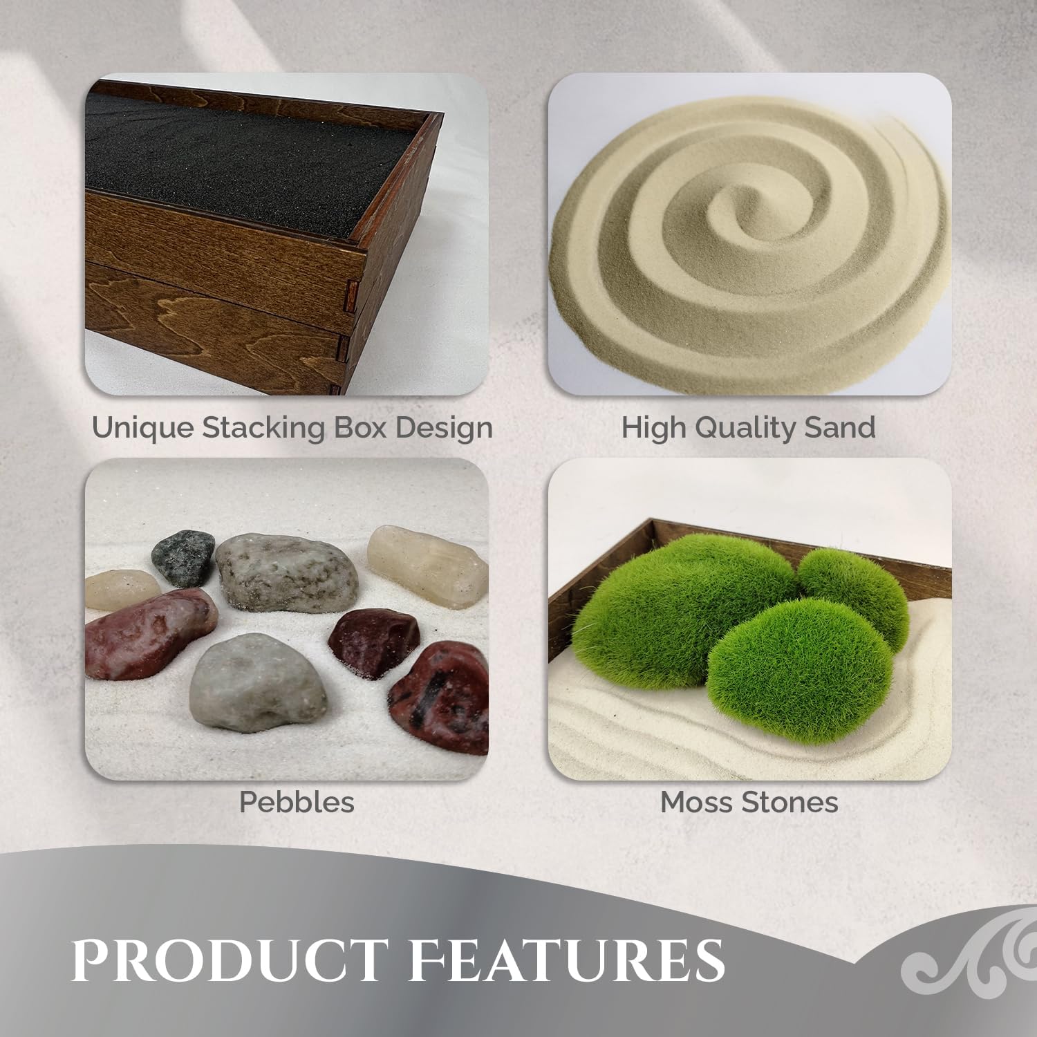 Wooden Stackable Zen Garden | Desert Luxe Sand with Rake & Accessories | Minimalist Decor Gift for